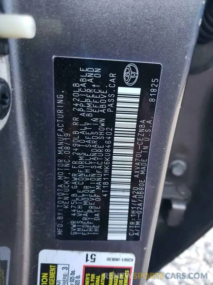 12 Photograph of a damaged car 4T1B11HK6KU846402 TOYOTA CAMRY 2019