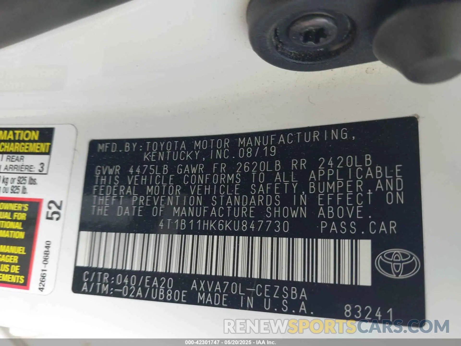 9 Фотография поврежденного автомобиля 4T1B11HK6KU847730 TOYOTA CAMRY 2019