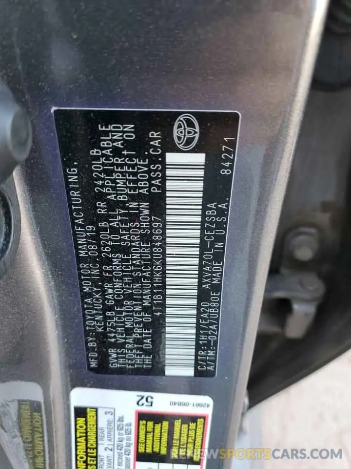 12 Photograph of a damaged car 4T1B11HK6KU848697 TOYOTA CAMRY 2019