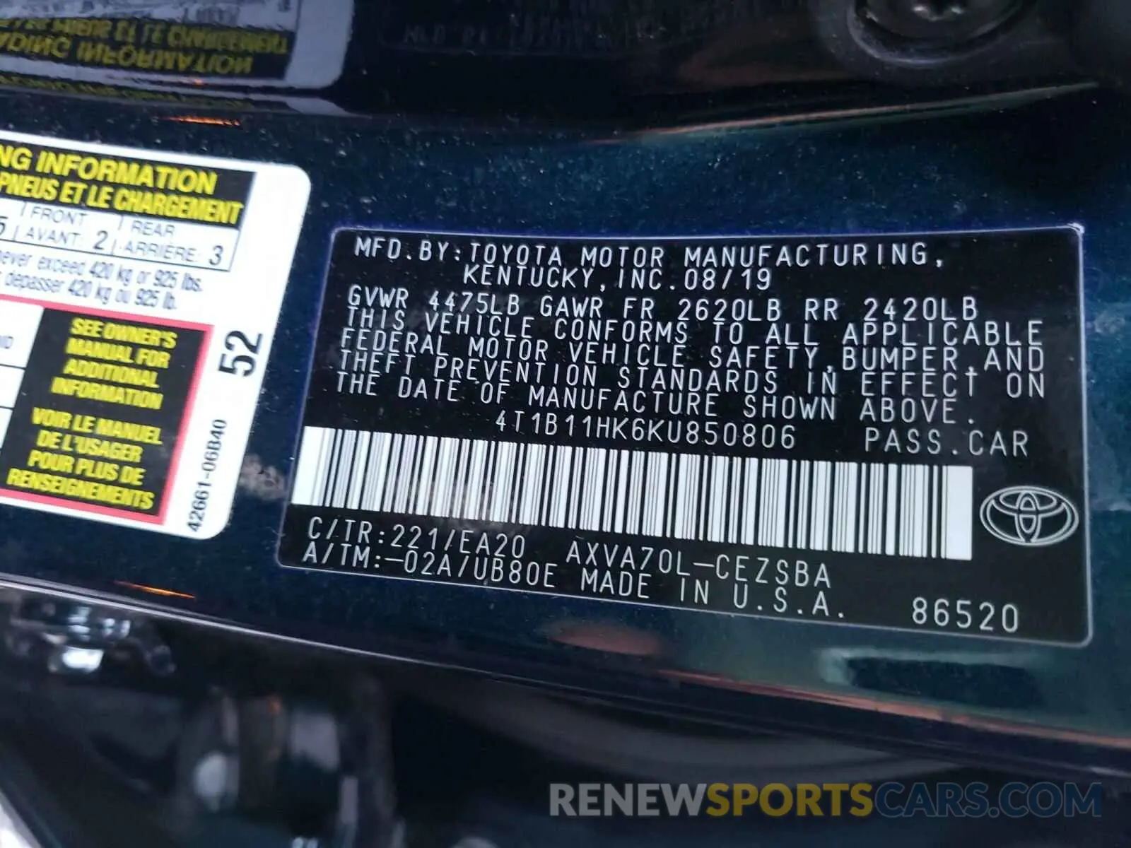 10 Photograph of a damaged car 4T1B11HK6KU850806 TOYOTA CAMRY 2019