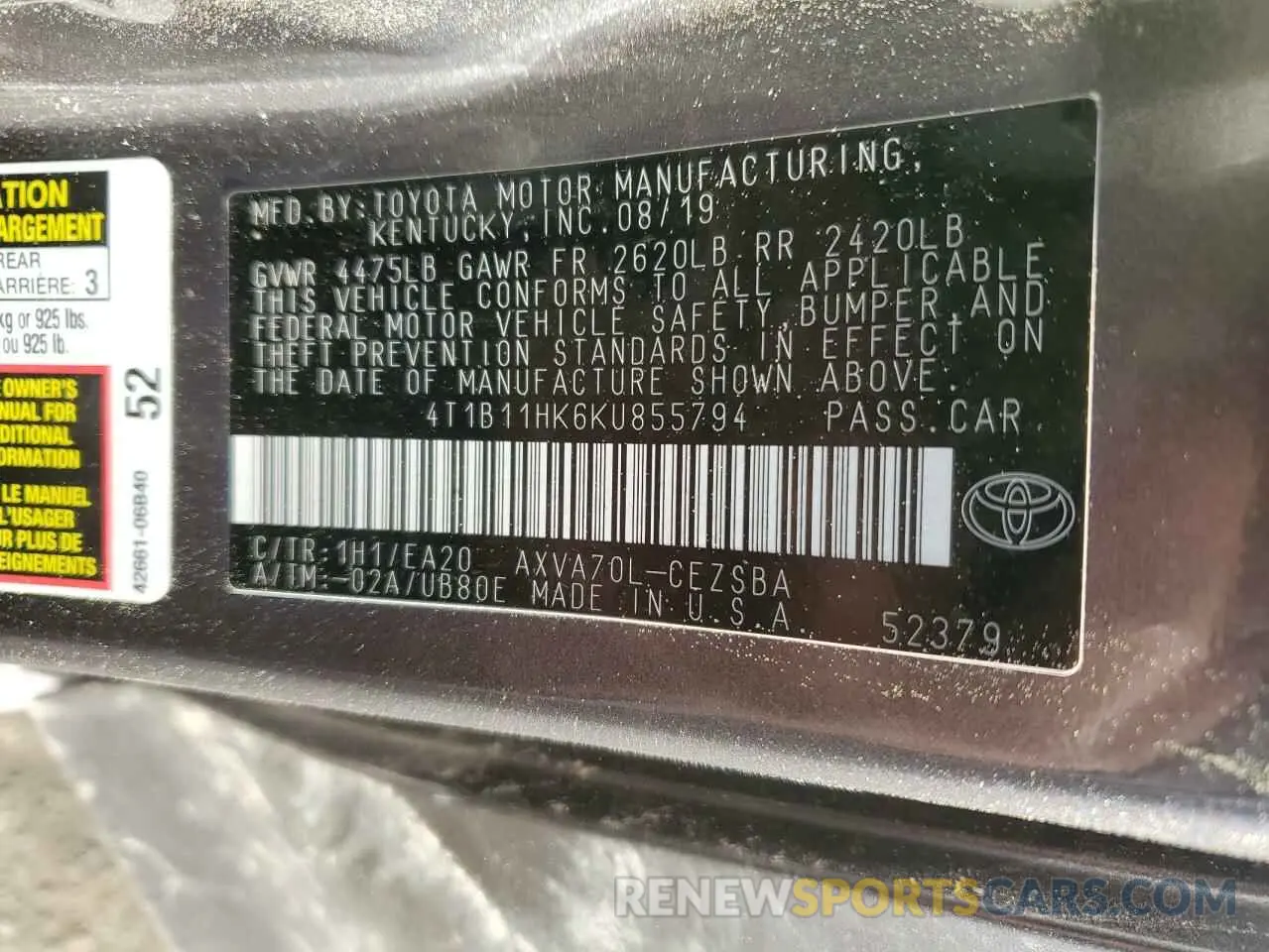 13 Photograph of a damaged car 4T1B11HK6KU855794 TOYOTA CAMRY 2019