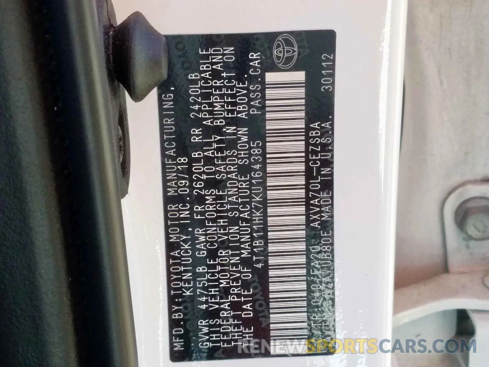 10 Photograph of a damaged car 4T1B11HK7KU164385 TOYOTA CAMRY 2019