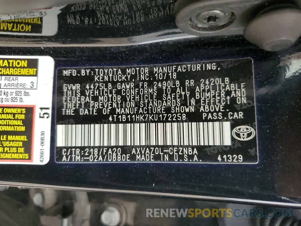 12 Photograph of a damaged car 4T1B11HK7KU172258 TOYOTA CAMRY 2019