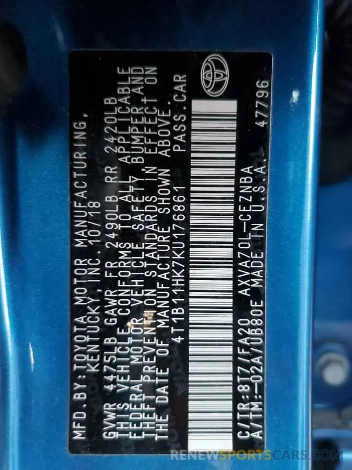 12 Photograph of a damaged car 4T1B11HK7KU176861 TOYOTA CAMRY 2019