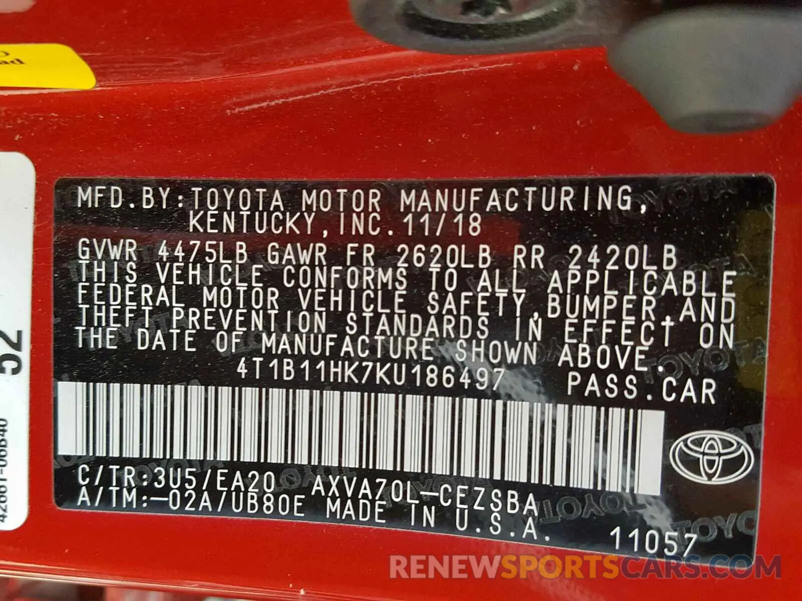10 Photograph of a damaged car 4T1B11HK7KU186497 TOYOTA CAMRY 2019