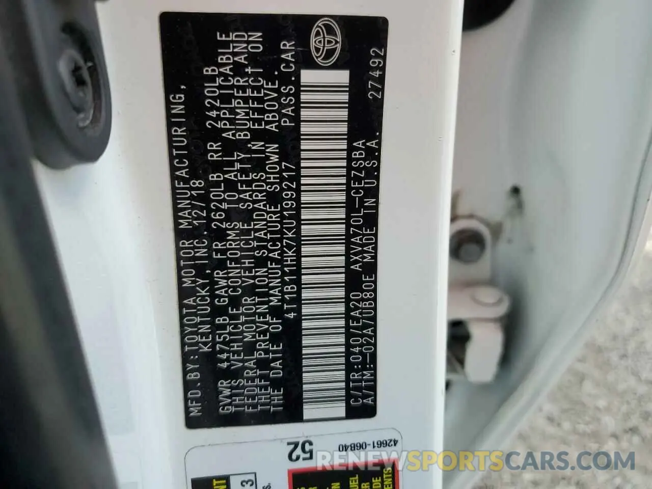 12 Фотография поврежденного автомобиля 4T1B11HK7KU199217 TOYOTA CAMRY 2019
