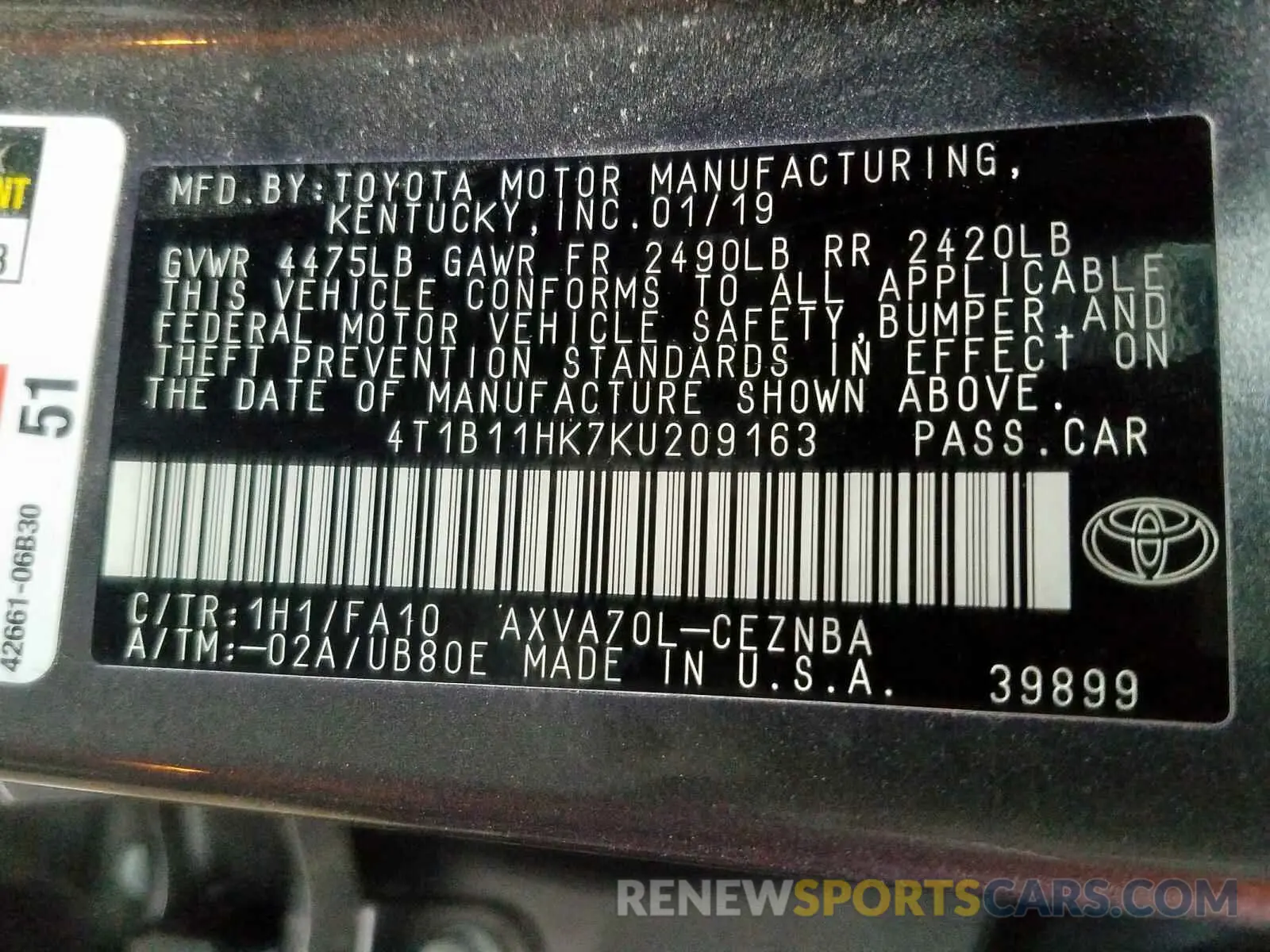 10 Photograph of a damaged car 4T1B11HK7KU209163 TOYOTA CAMRY 2019