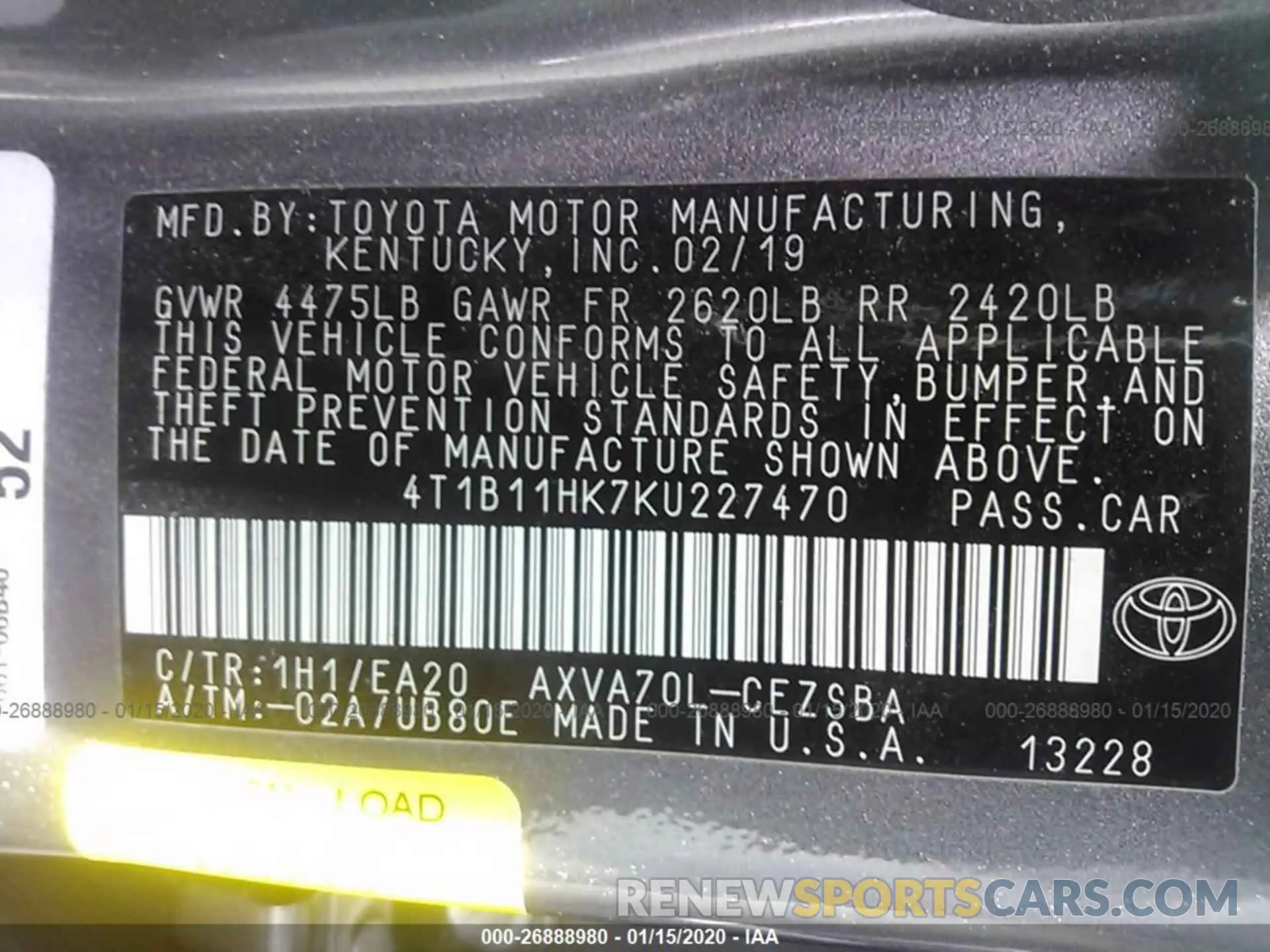 9 Photograph of a damaged car 4T1B11HK7KU227470 TOYOTA CAMRY 2019