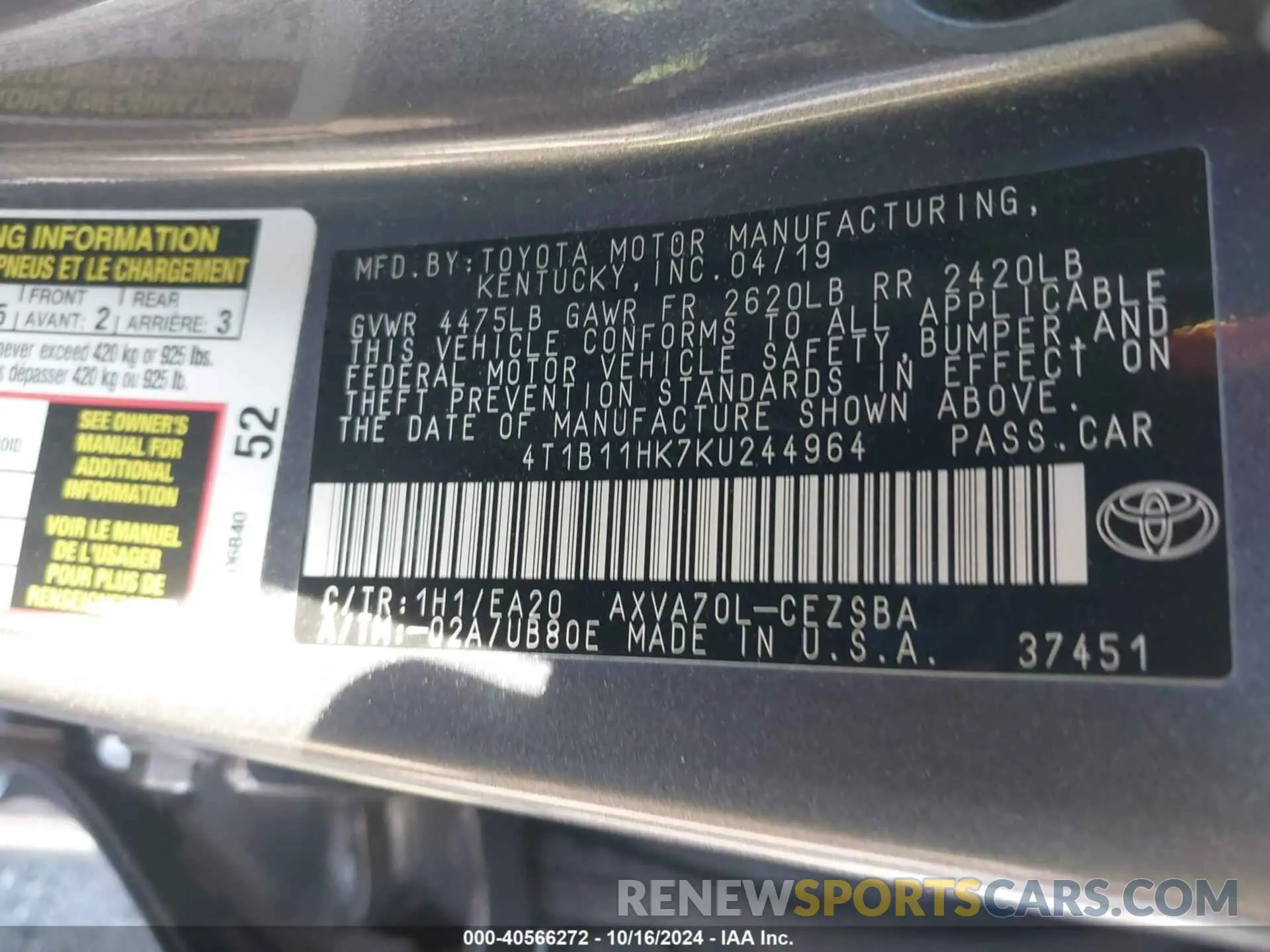 9 Фотография поврежденного автомобиля 4T1B11HK7KU244964 TOYOTA CAMRY 2019