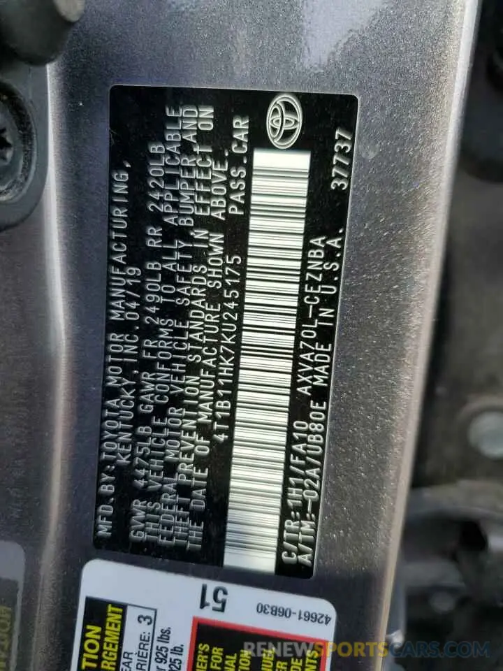 13 Photograph of a damaged car 4T1B11HK7KU245175 TOYOTA CAMRY 2019