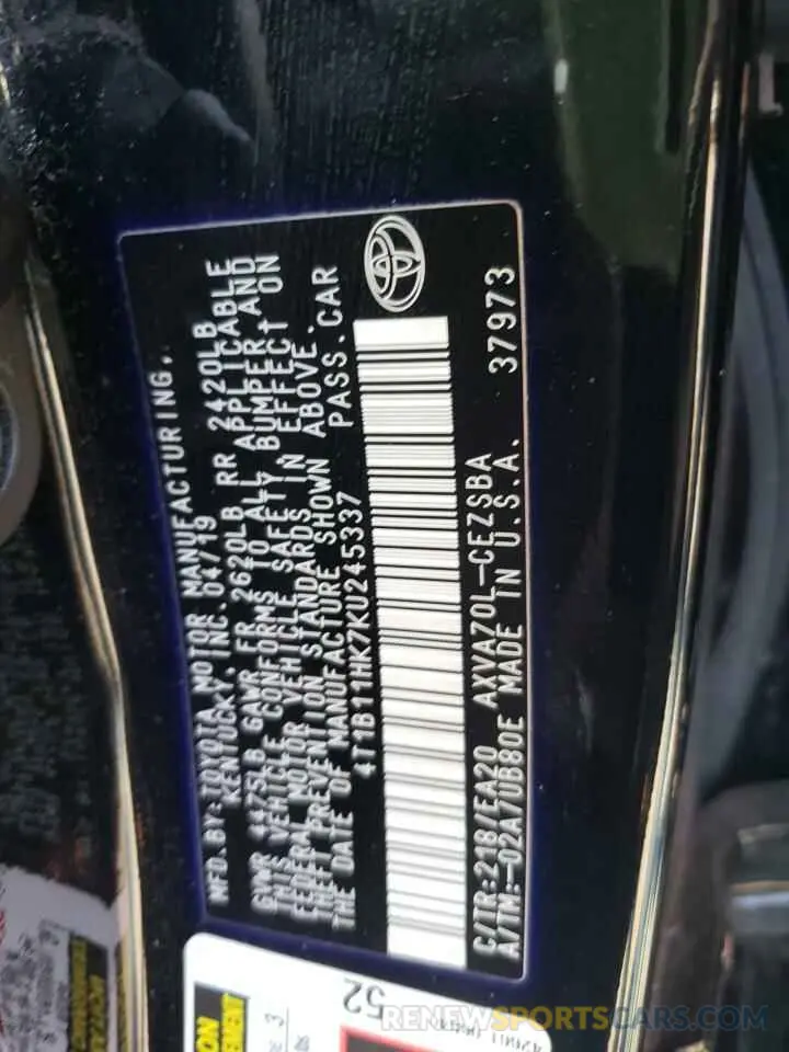10 Фотография поврежденного автомобиля 4T1B11HK7KU245337 TOYOTA CAMRY 2019