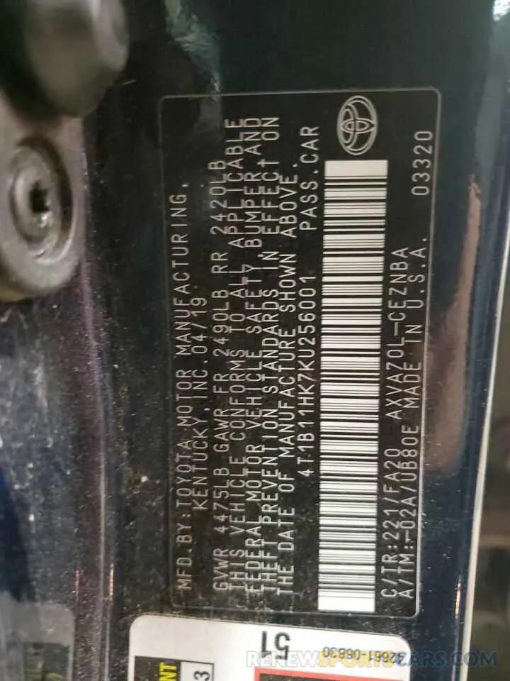 12 Photograph of a damaged car 4T1B11HK7KU256001 TOYOTA CAMRY 2019