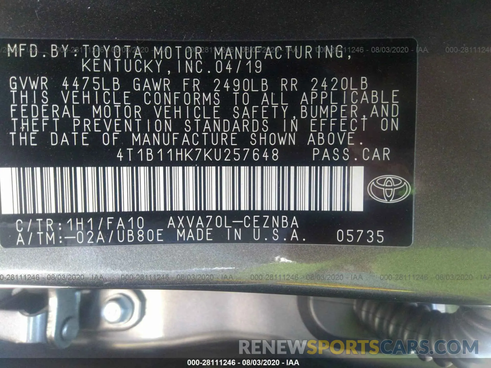 9 Photograph of a damaged car 4T1B11HK7KU257648 TOYOTA CAMRY 2019