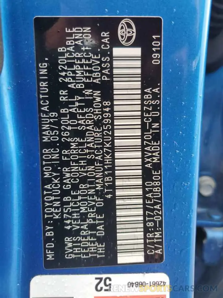 13 Photograph of a damaged car 4T1B11HK7KU259948 TOYOTA CAMRY 2019