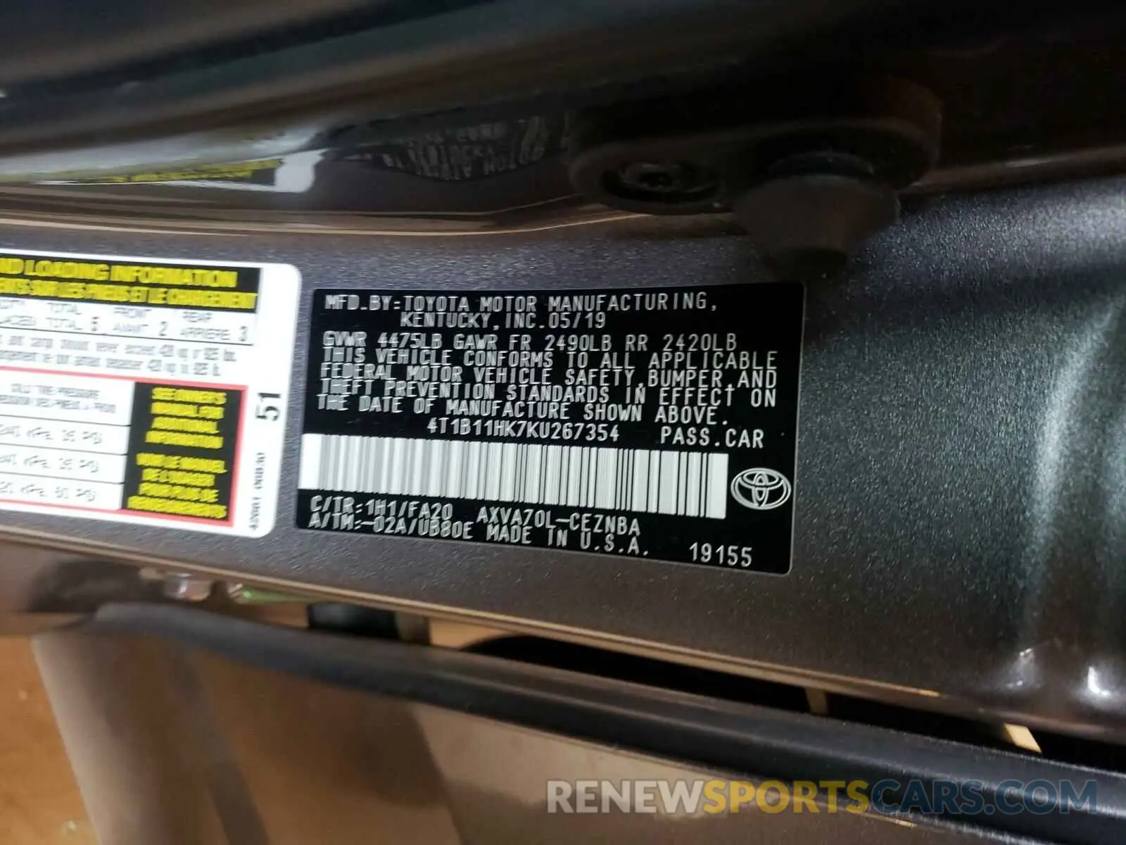 10 Photograph of a damaged car 4T1B11HK7KU267354 TOYOTA CAMRY 2019