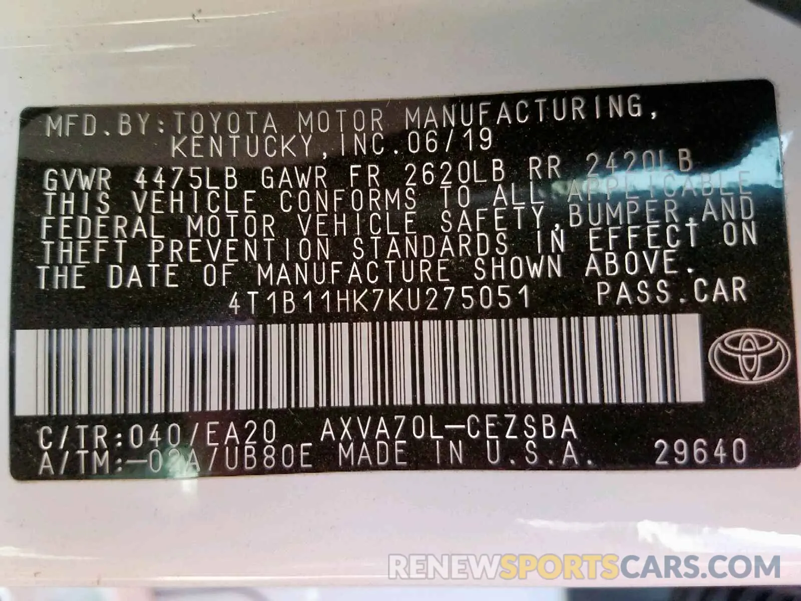 10 Photograph of a damaged car 4T1B11HK7KU275051 TOYOTA CAMRY 2019