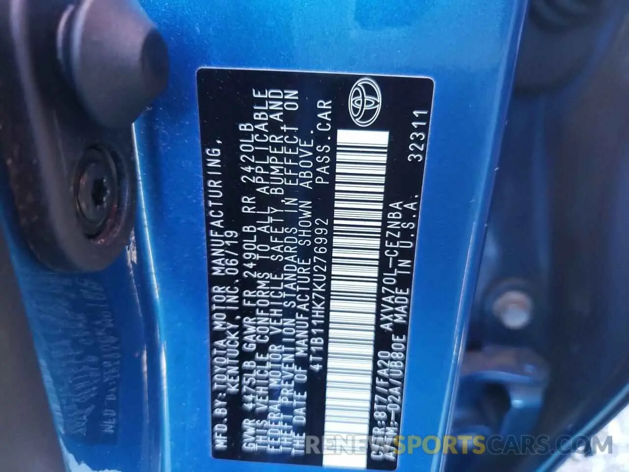 10 Фотография поврежденного автомобиля 4T1B11HK7KU276992 TOYOTA CAMRY 2019