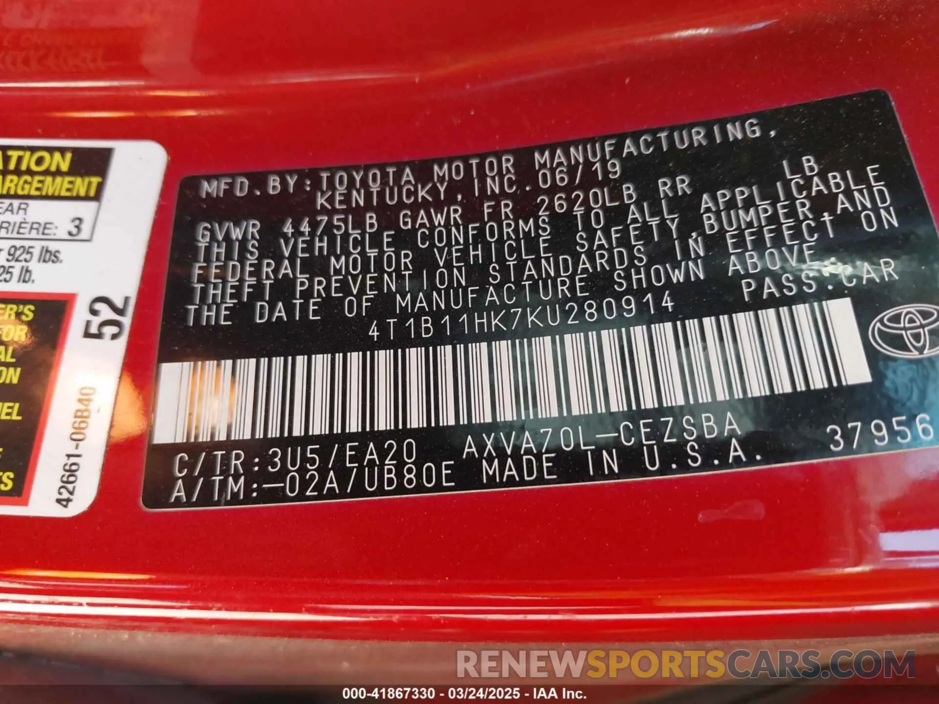 9 Photograph of a damaged car 4T1B11HK7KU280914 TOYOTA CAMRY 2019