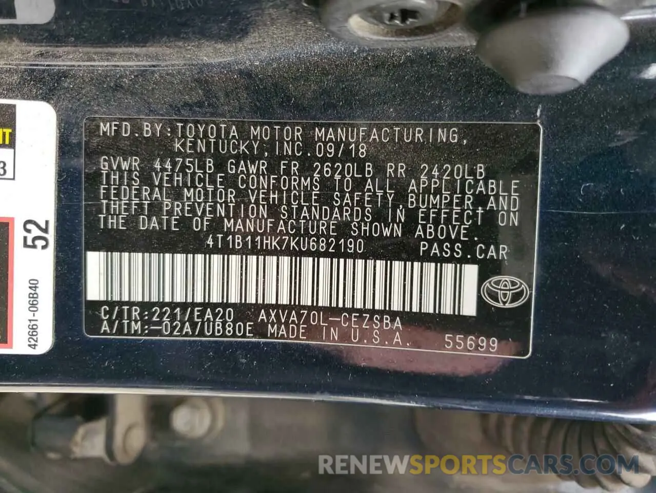 12 Photograph of a damaged car 4T1B11HK7KU682190 TOYOTA CAMRY 2019