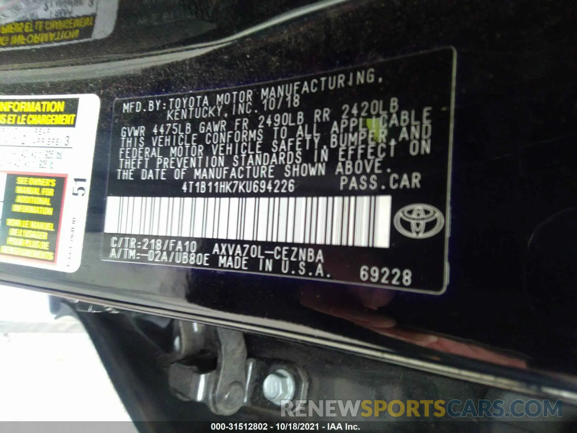 9 Photograph of a damaged car 4T1B11HK7KU694226 TOYOTA CAMRY 2019