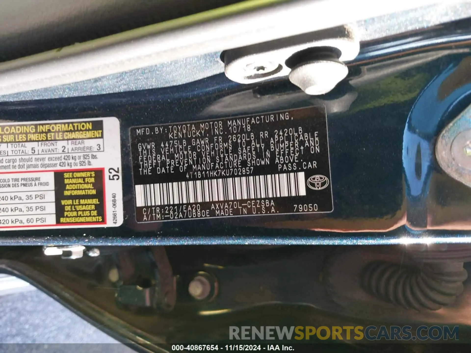 9 Photograph of a damaged car 4T1B11HK7KU702857 TOYOTA CAMRY 2019