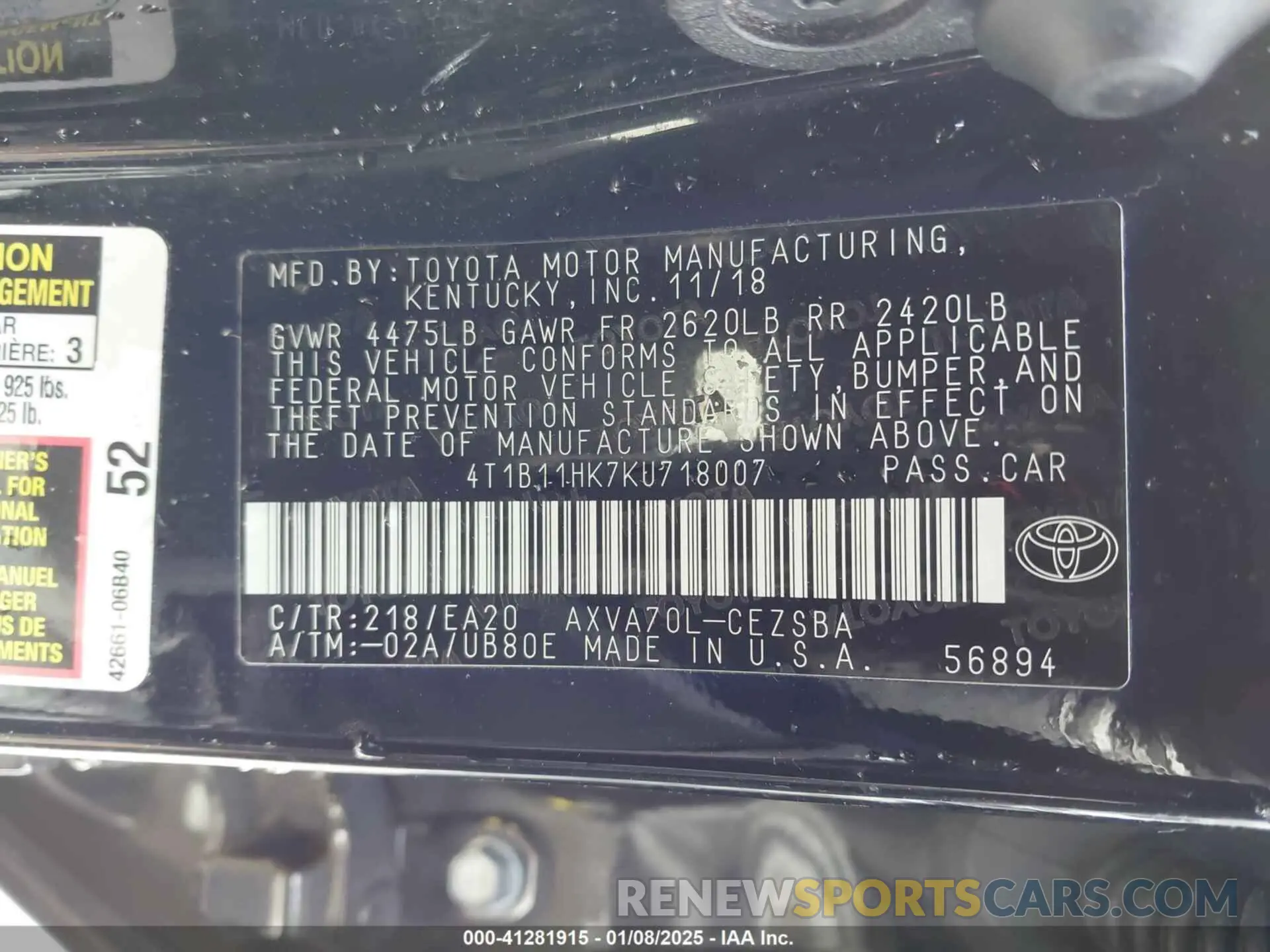 9 Photograph of a damaged car 4T1B11HK7KU718007 TOYOTA CAMRY 2019