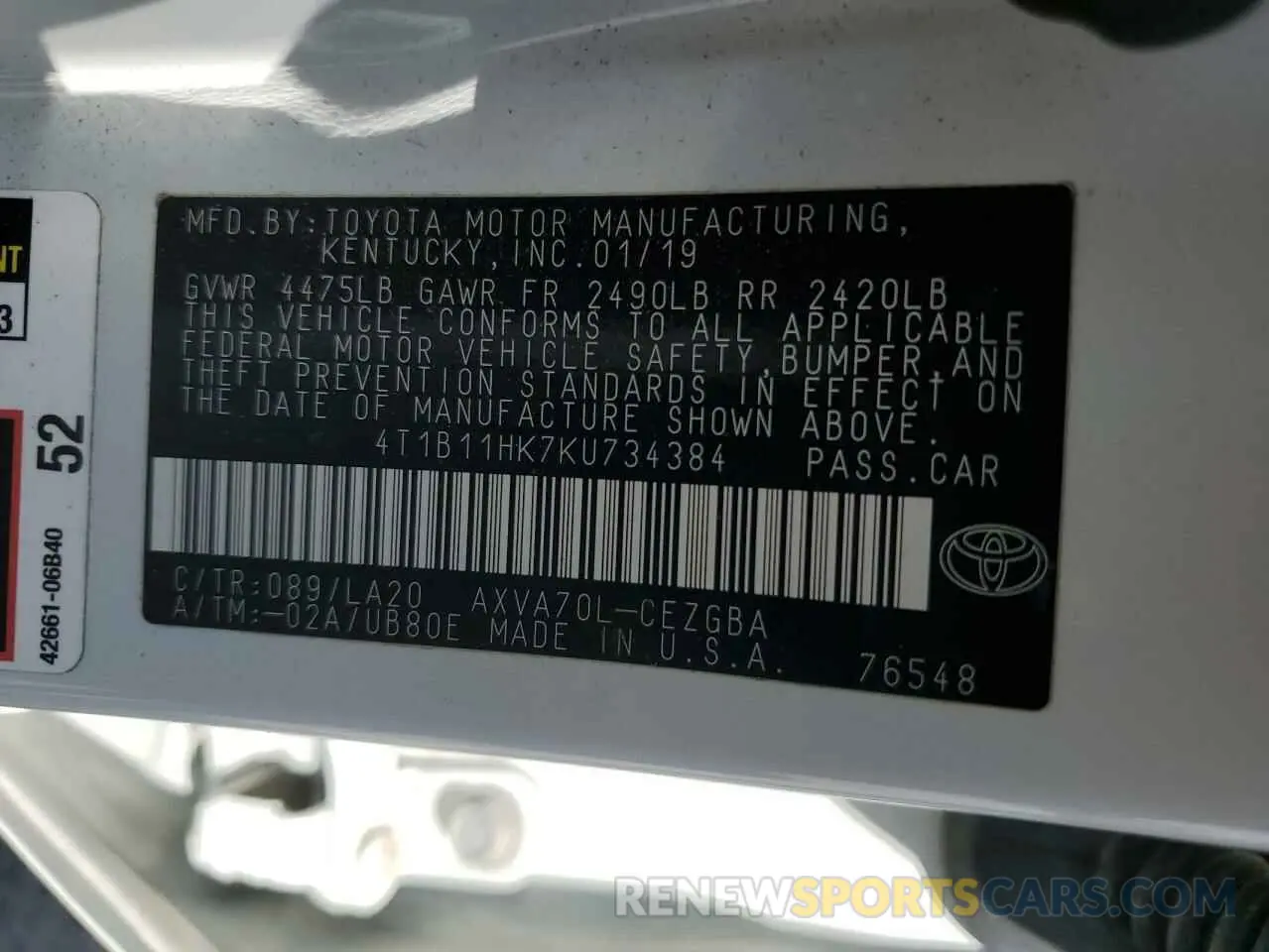 14 Фотография поврежденного автомобиля 4T1B11HK7KU734384 TOYOTA CAMRY 2019