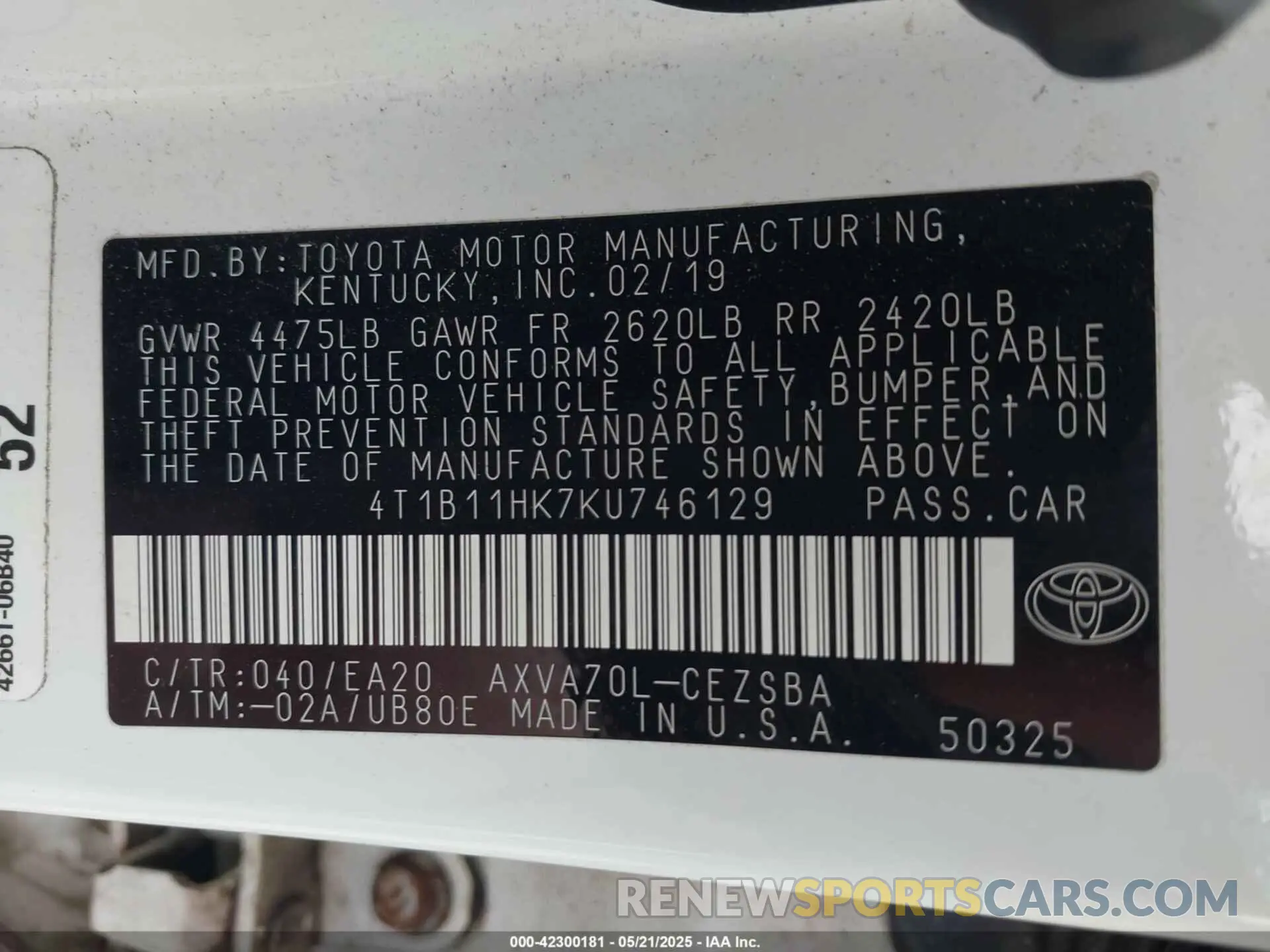 9 Photograph of a damaged car 4T1B11HK7KU746129 TOYOTA CAMRY 2019