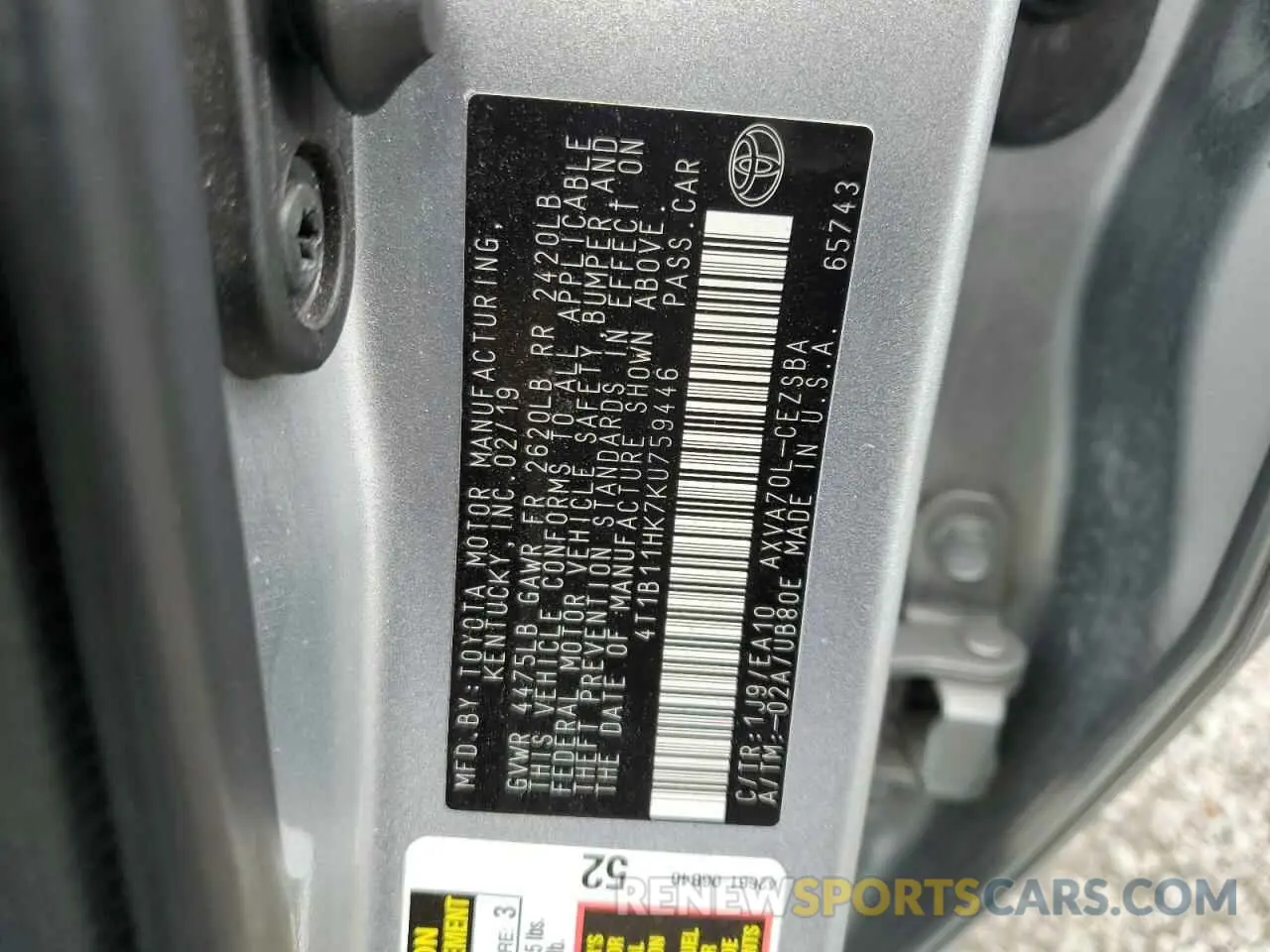12 Photograph of a damaged car 4T1B11HK7KU759446 TOYOTA CAMRY 2019