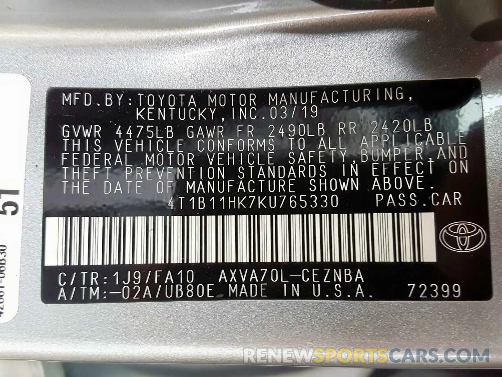 10 Photograph of a damaged car 4T1B11HK7KU765330 TOYOTA CAMRY 2019