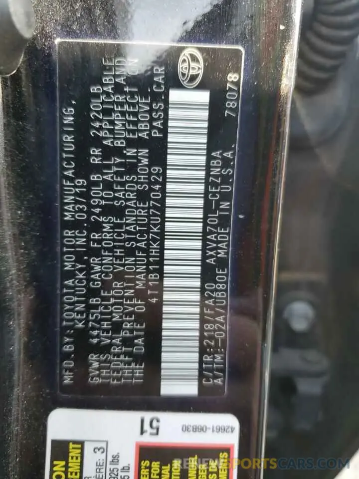 12 Photograph of a damaged car 4T1B11HK7KU770429 TOYOTA CAMRY 2019