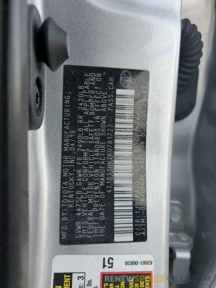 12 Фотография поврежденного автомобиля 4T1B11HK7KU781723 TOYOTA CAMRY 2019