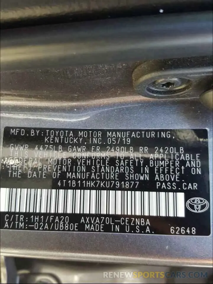 10 Photograph of a damaged car 4T1B11HK7KU791877 TOYOTA CAMRY 2019