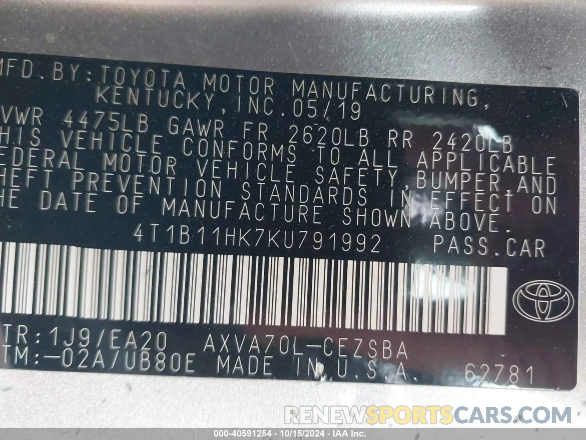 9 Photograph of a damaged car 4T1B11HK7KU791992 TOYOTA CAMRY 2019