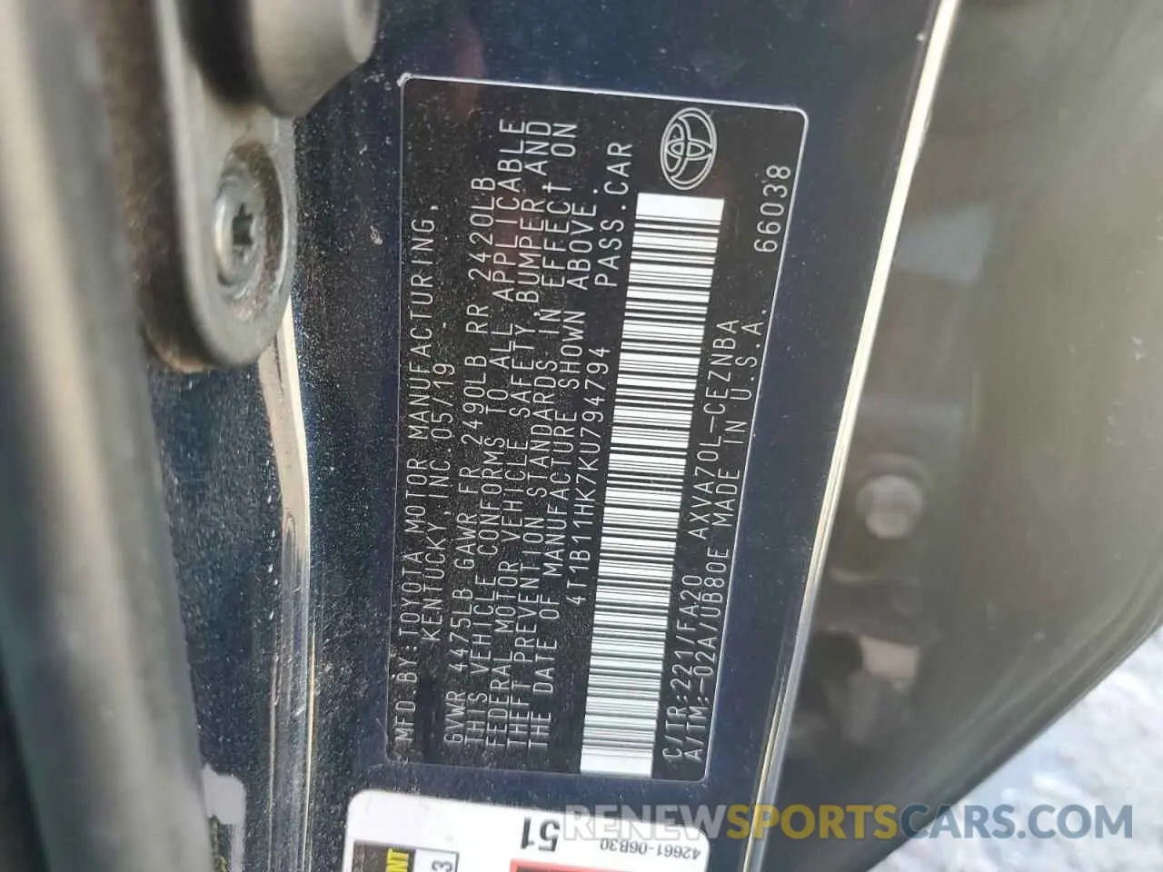 10 Фотография поврежденного автомобиля 4T1B11HK7KU794794 TOYOTA CAMRY 2019