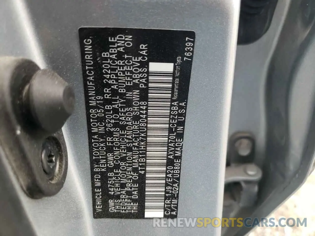 12 Photograph of a damaged car 4T1B11HK7KU804448 TOYOTA CAMRY 2019