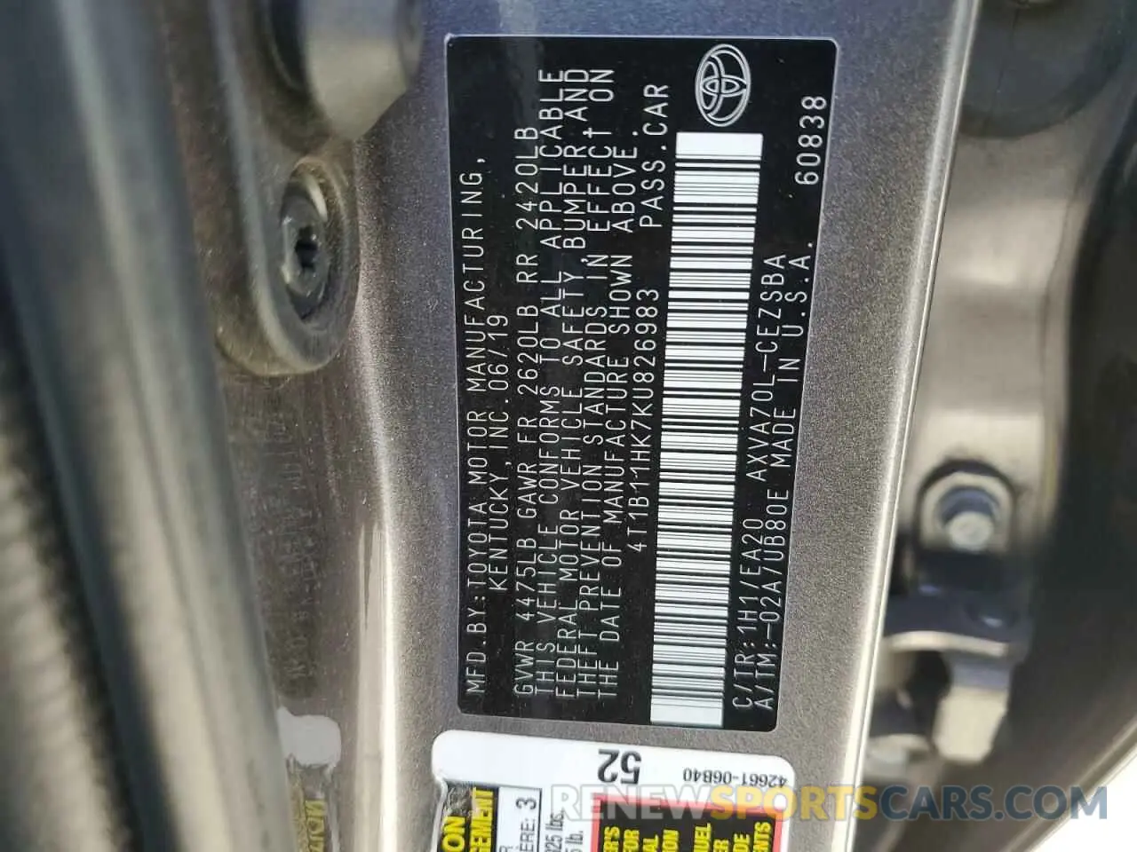 13 Photograph of a damaged car 4T1B11HK7KU826983 TOYOTA CAMRY 2019