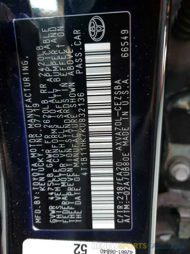 12 Фотография поврежденного автомобиля 4T1B11HK7KU832136 TOYOTA CAMRY 2019