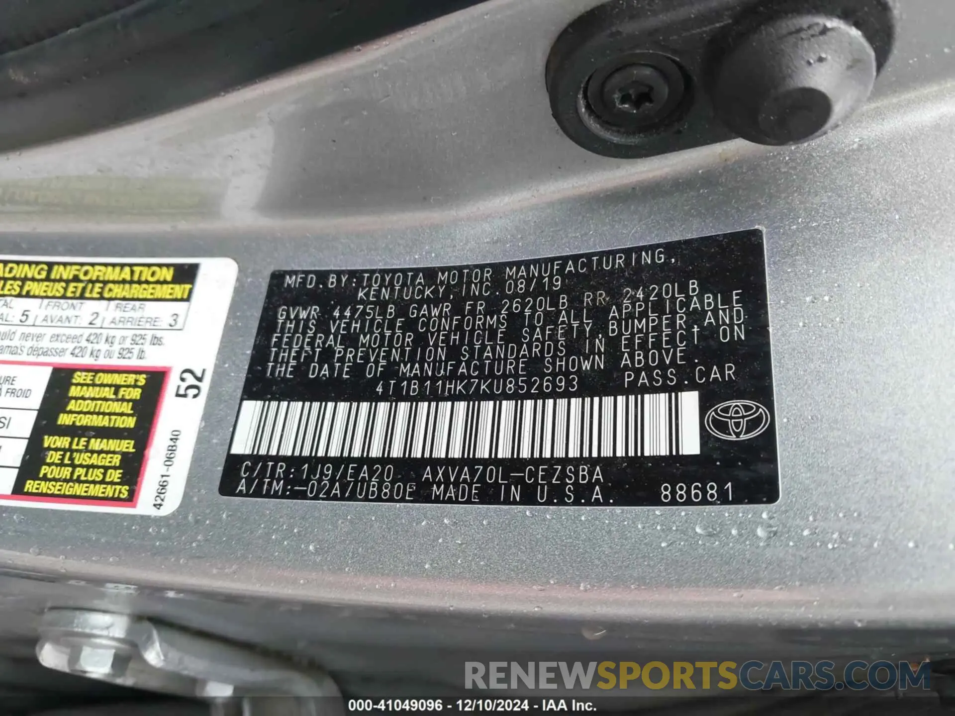 9 Фотография поврежденного автомобиля 4T1B11HK7KU852693 TOYOTA CAMRY 2019