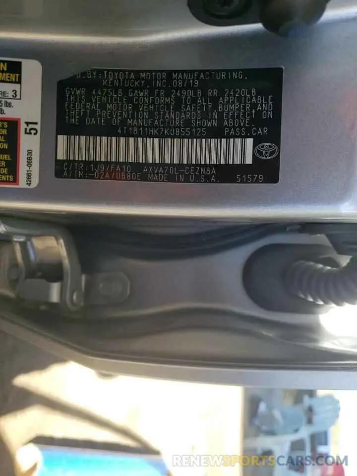 10 Photograph of a damaged car 4T1B11HK7KU855125 TOYOTA CAMRY 2019
