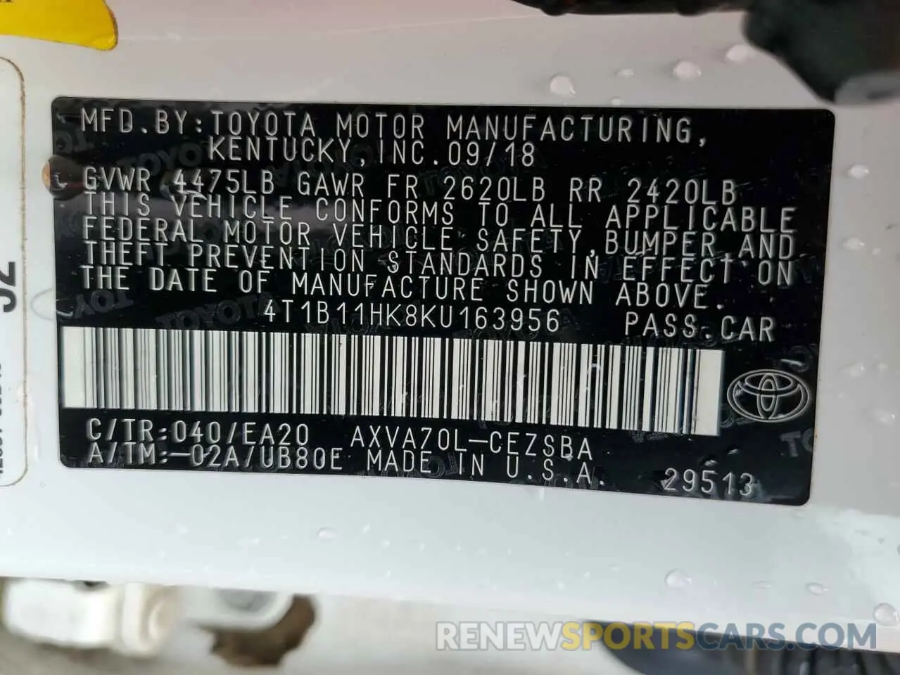 12 Photograph of a damaged car 4T1B11HK8KU163956 TOYOTA CAMRY 2019