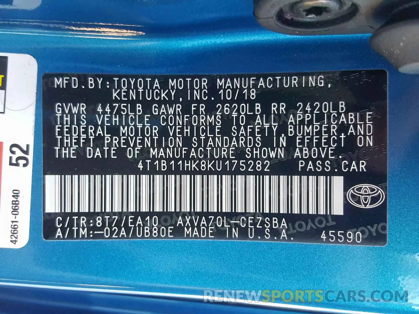 10 Photograph of a damaged car 4T1B11HK8KU175282 TOYOTA CAMRY 2019
