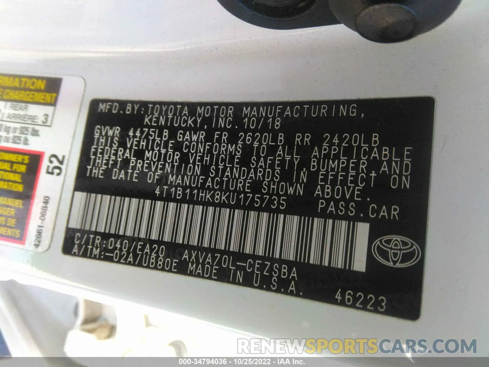 9 Photograph of a damaged car 4T1B11HK8KU175735 TOYOTA CAMRY 2019