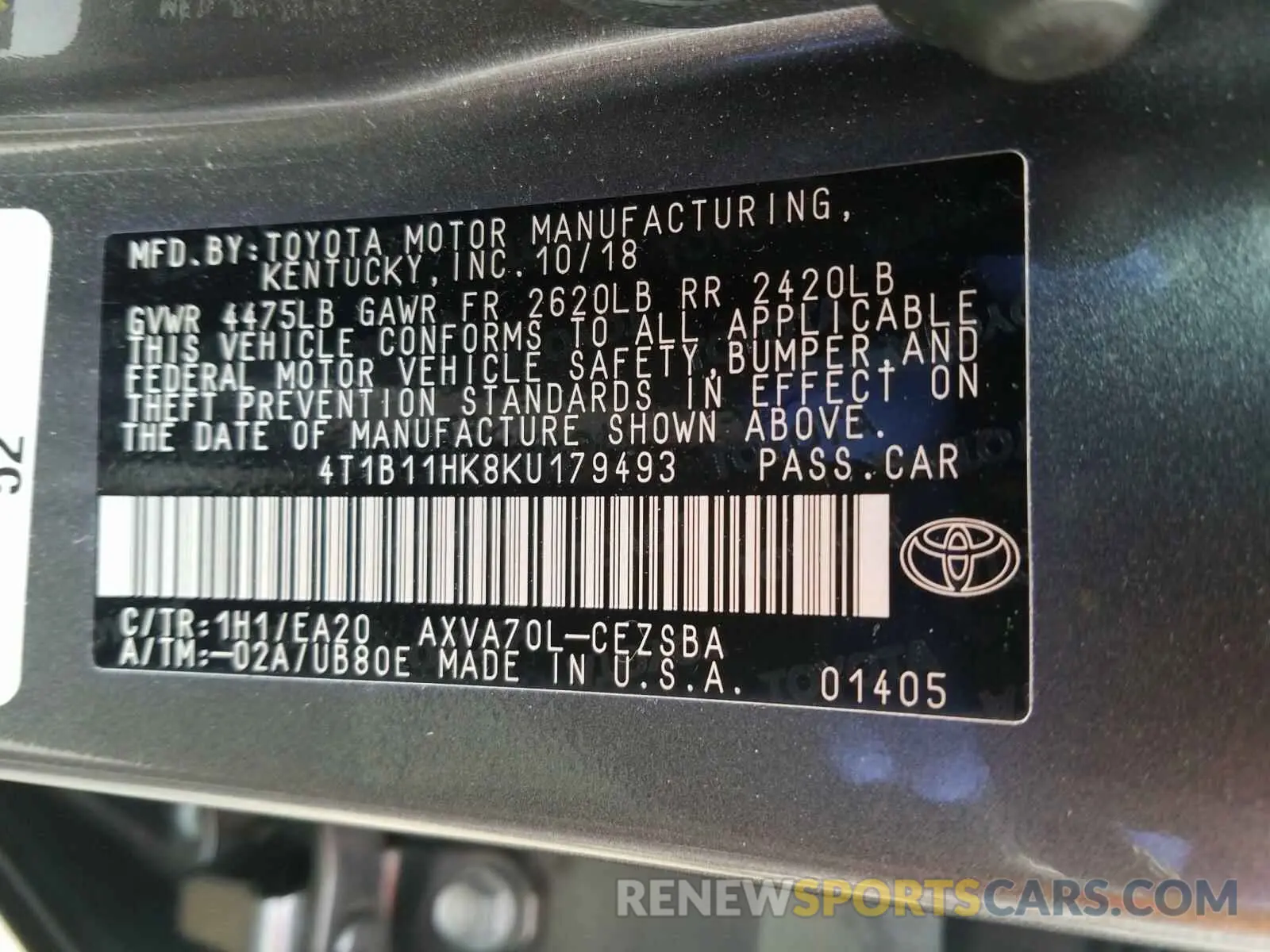 10 Photograph of a damaged car 4T1B11HK8KU179493 TOYOTA CAMRY 2019