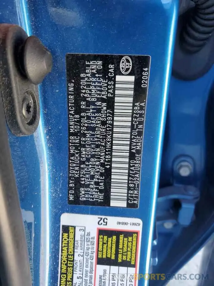 12 Photograph of a damaged car 4T1B11HK8KU179977 TOYOTA CAMRY 2019