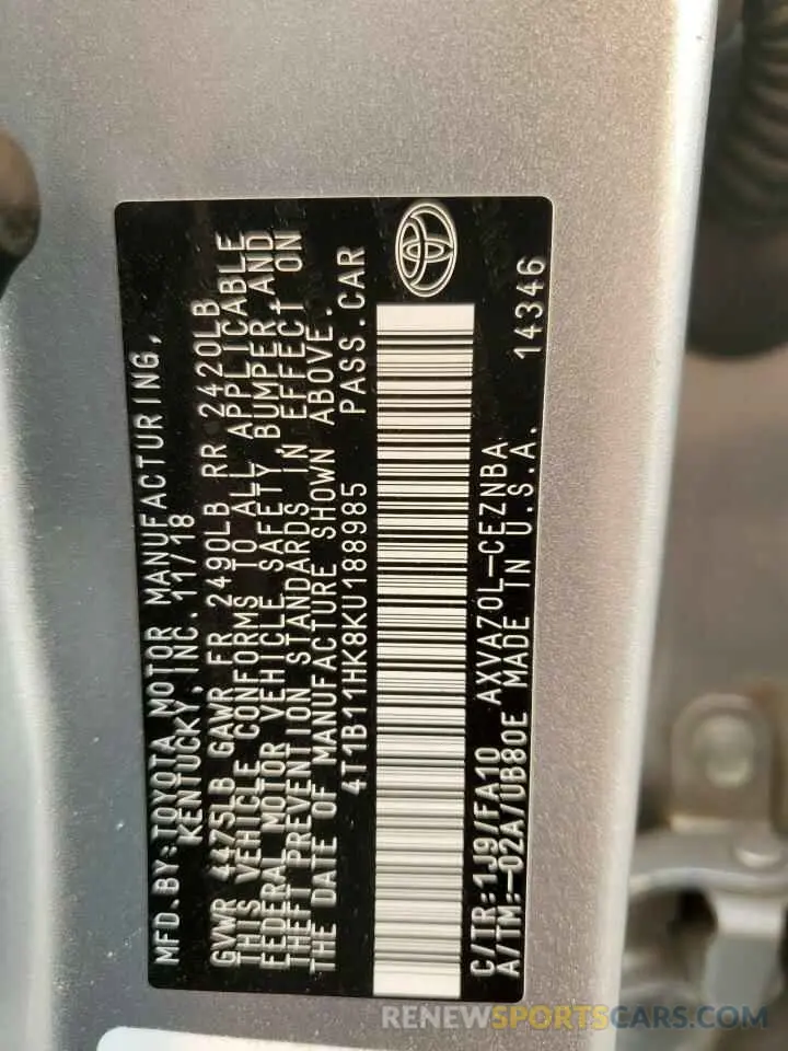 14 Photograph of a damaged car 4T1B11HK8KU188985 TOYOTA CAMRY 2019