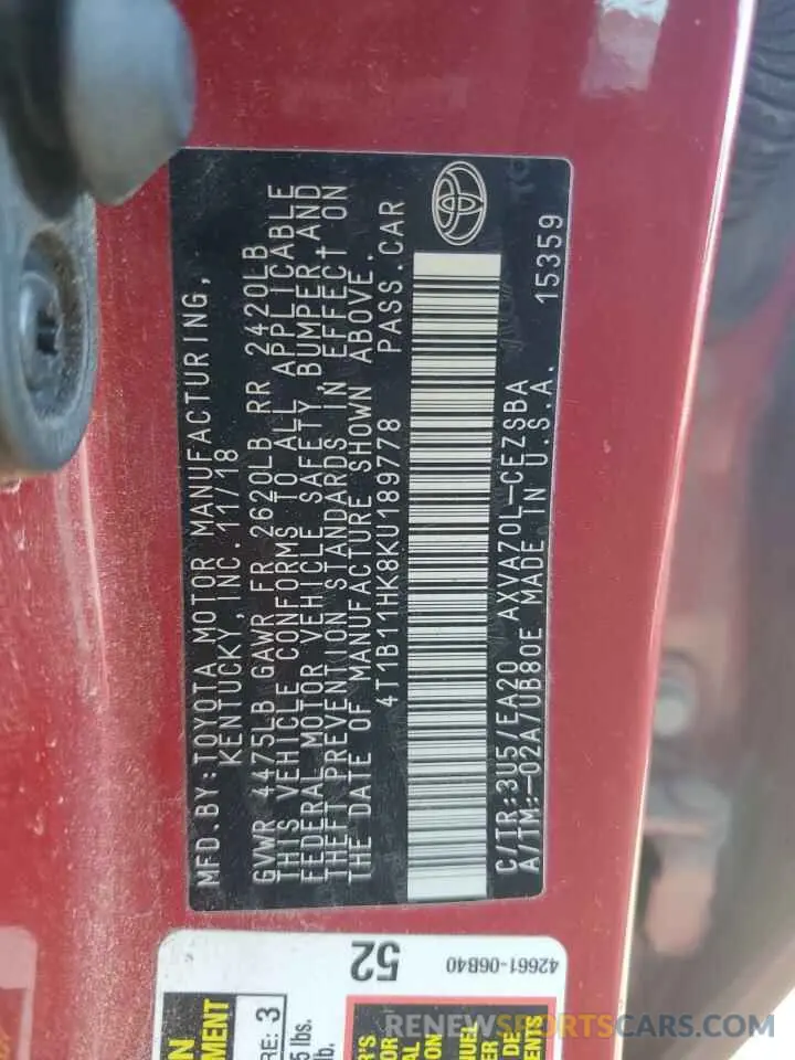 12 Фотография поврежденного автомобиля 4T1B11HK8KU189778 TOYOTA CAMRY 2019