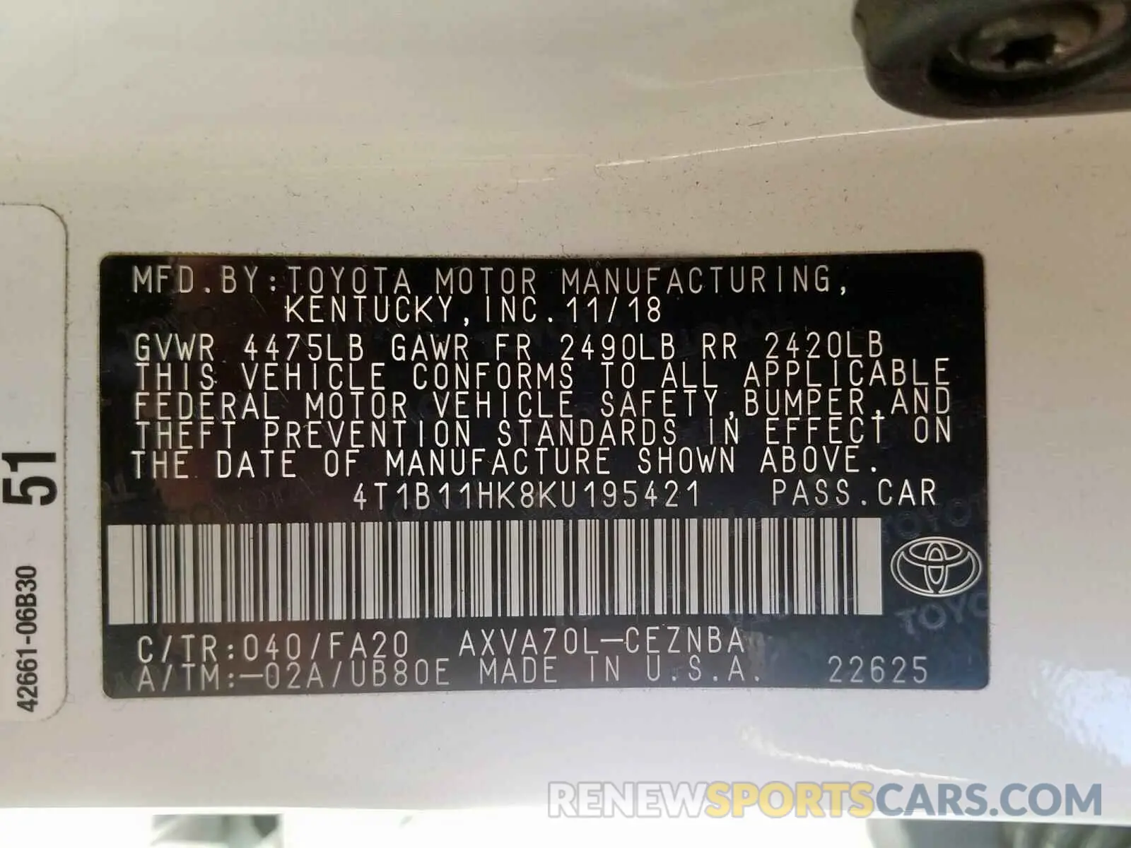 10 Photograph of a damaged car 4T1B11HK8KU195421 TOYOTA CAMRY 2019