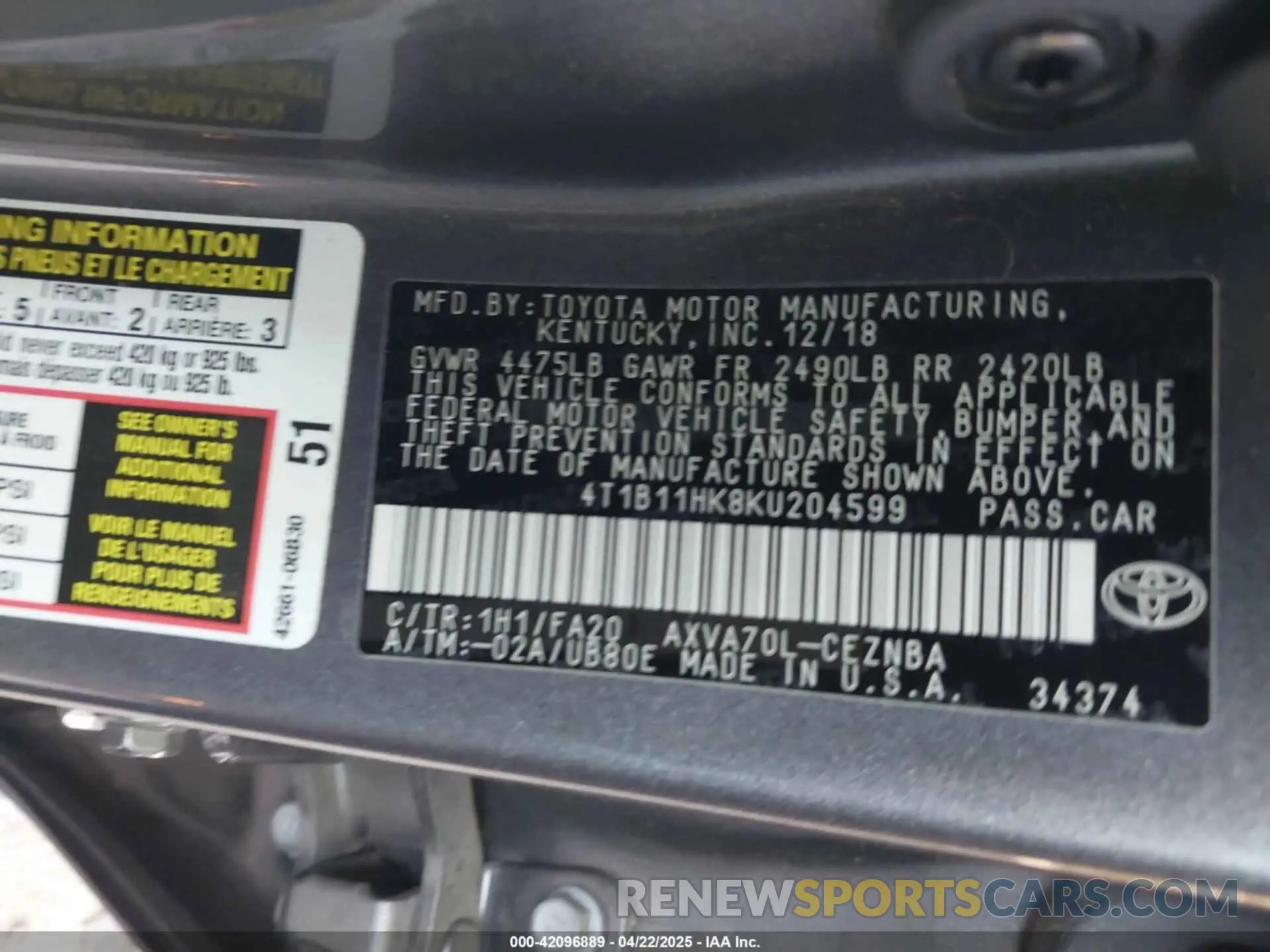 9 Photograph of a damaged car 4T1B11HK8KU204599 TOYOTA CAMRY 2019