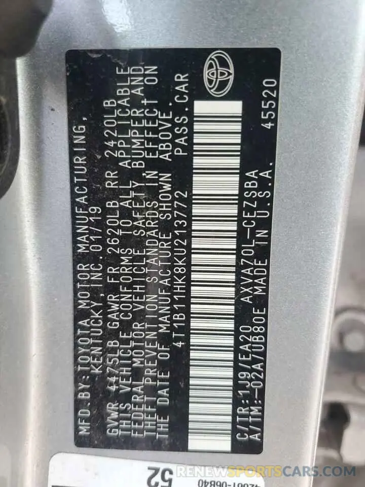 12 Фотография поврежденного автомобиля 4T1B11HK8KU213772 TOYOTA CAMRY 2019